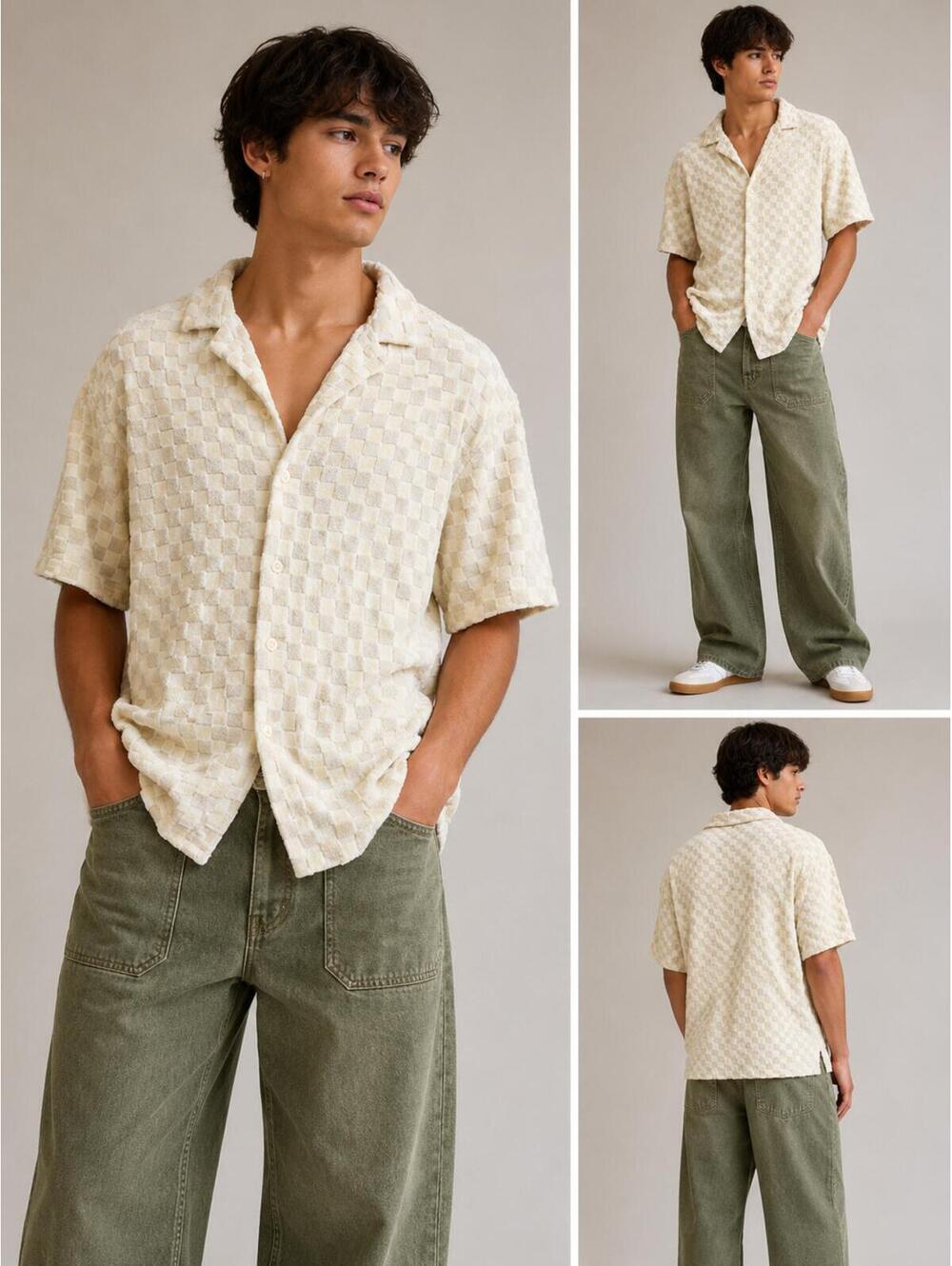 LE LIS Collection Men's Cream Textured Short Sleeve Button-1